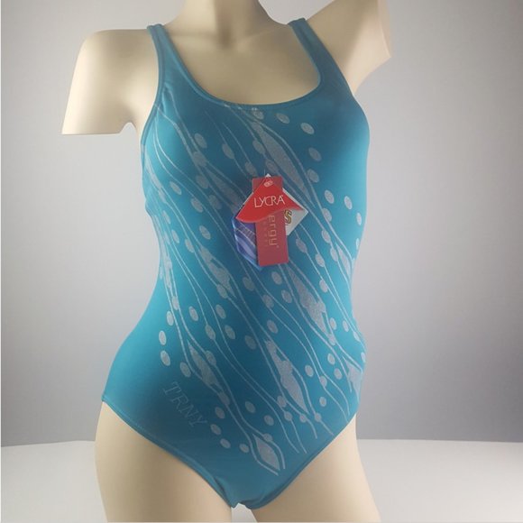 swimsuit with cap blue with touch of silver on front, size M - Picture 3 of 11